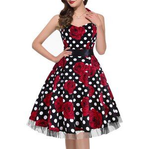 Vintage Women's Polka Dot Halter Dress 50s Style Mid-Length Floral Party